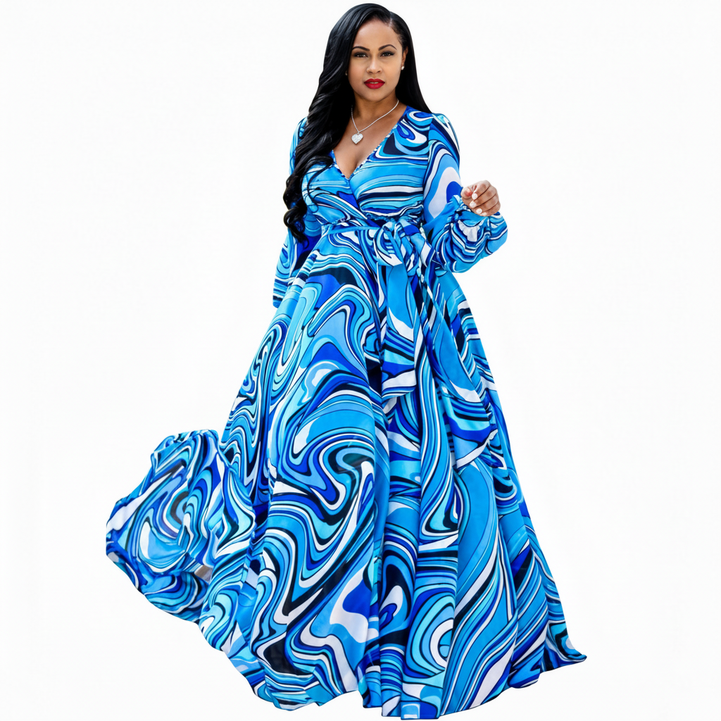 Spring Autumn Chiffon Long Sleeve Digital Print Dress For Women