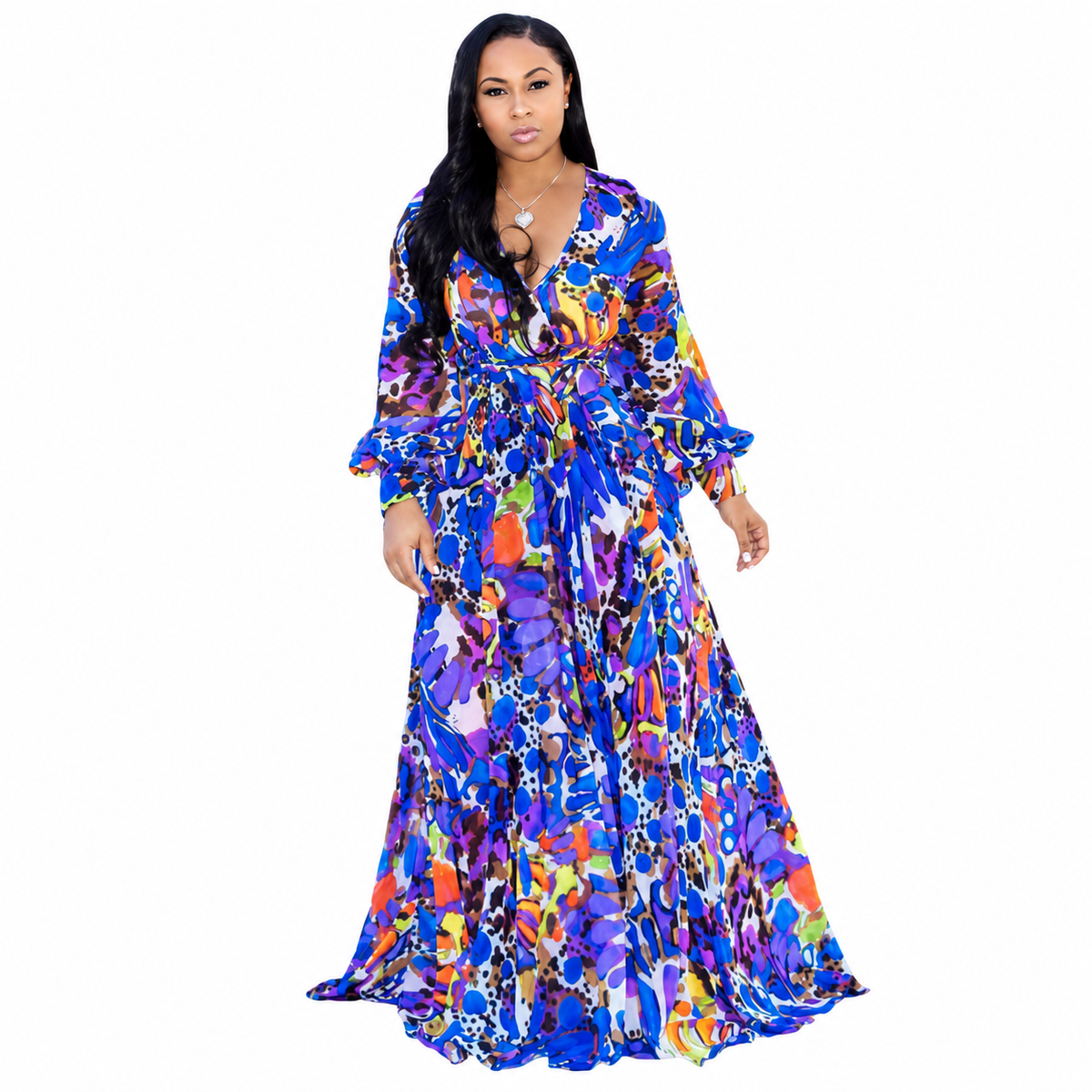 Spring Autumn Chiffon Long Sleeve Digital Print Dress For Women