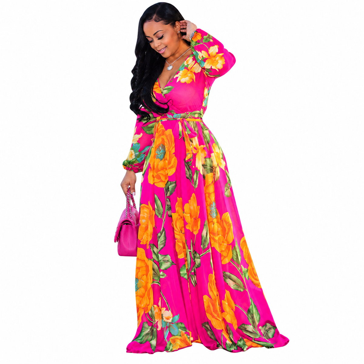 Spring Autumn Chiffon Long Sleeve Digital Print Dress For Women
