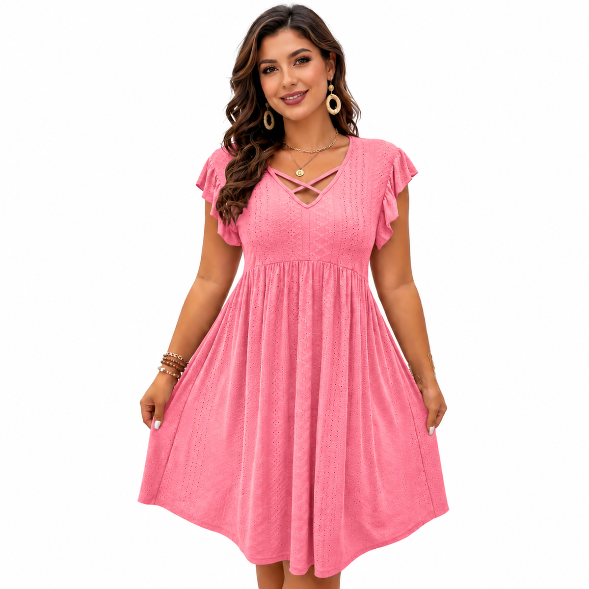 Womens V-Neck Hollow-Out Short-Sleeve Blouse Dress